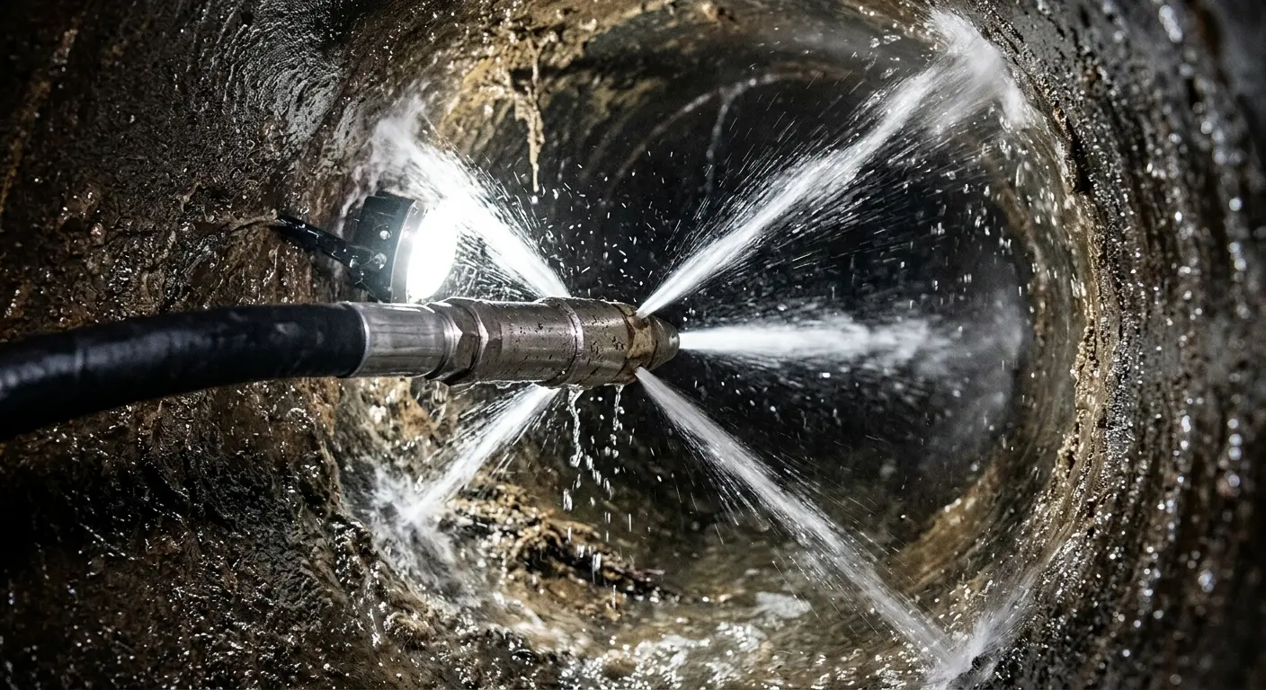High-pressure hydro jetting nozzle cleaning sewer pipe for Sewer Cleanout in Plaquemine