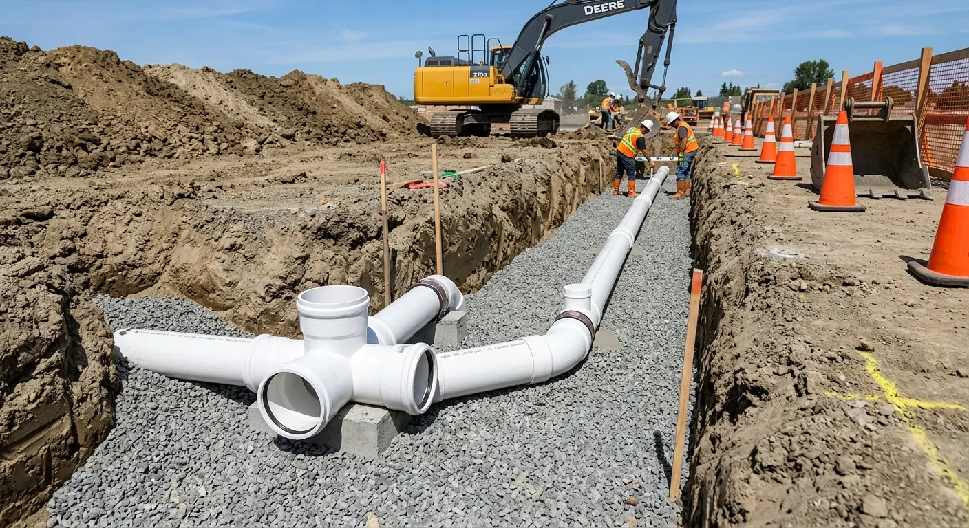 New PVC sewer pipe installation in open trench for Commercial Drain Cleaning in Plaquemine
