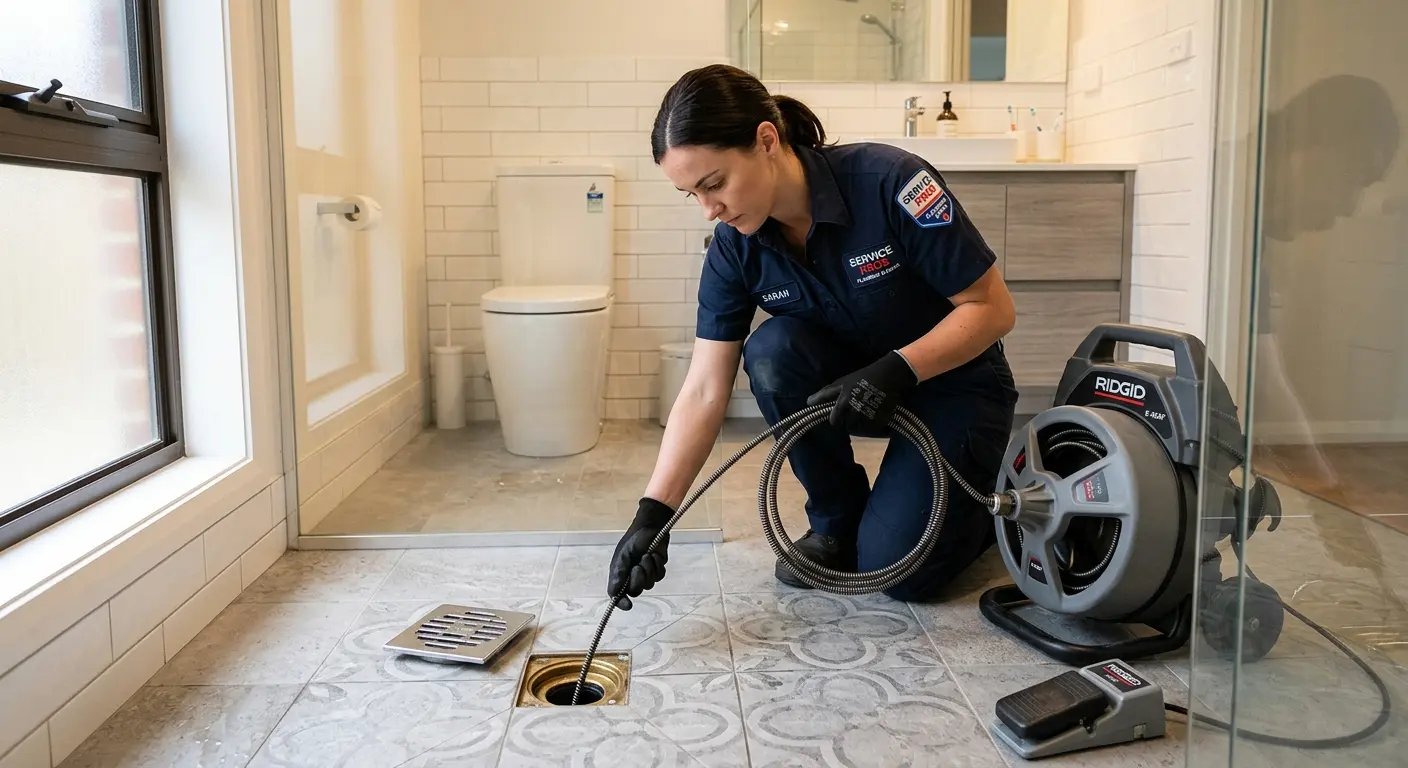 Technician clearing a bathroom floor drain for Hydro Jetting in Plaquemine
